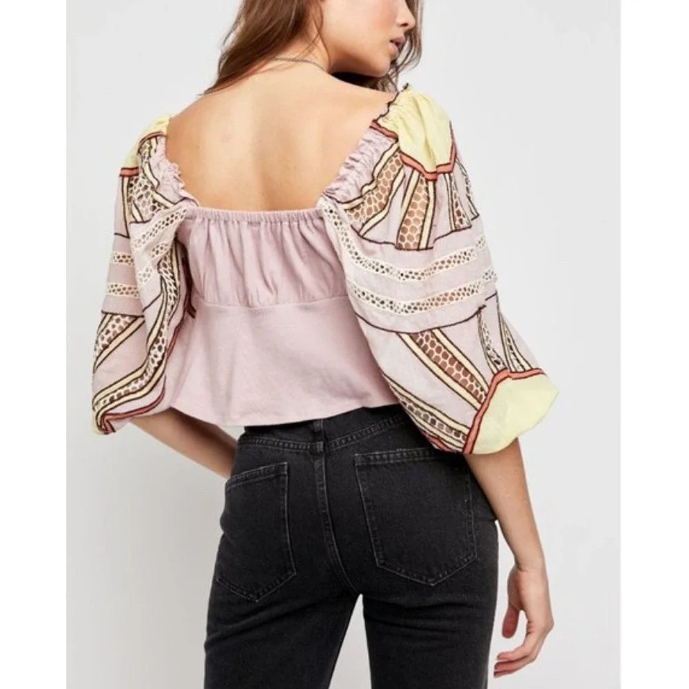 Free People Intimately Mauve Crop Top Eyelet Balloon Sleeve Size S
